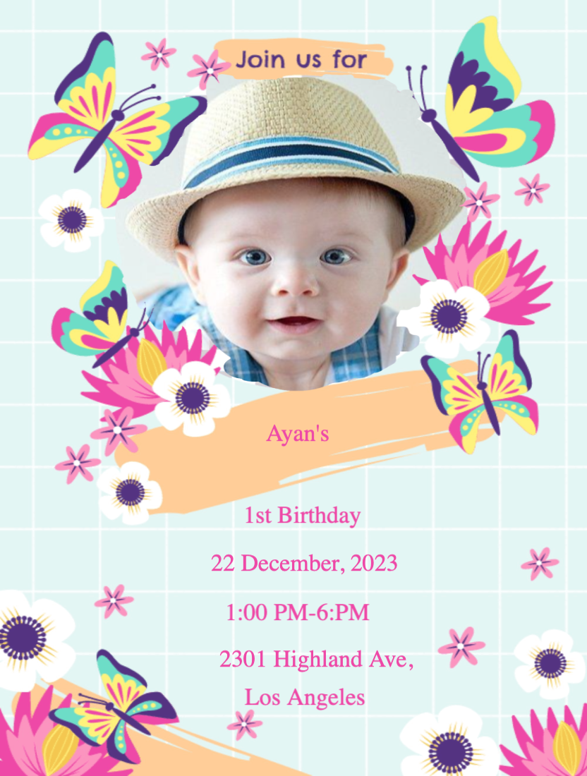 Butterfly First Birthday Party Invitation Template