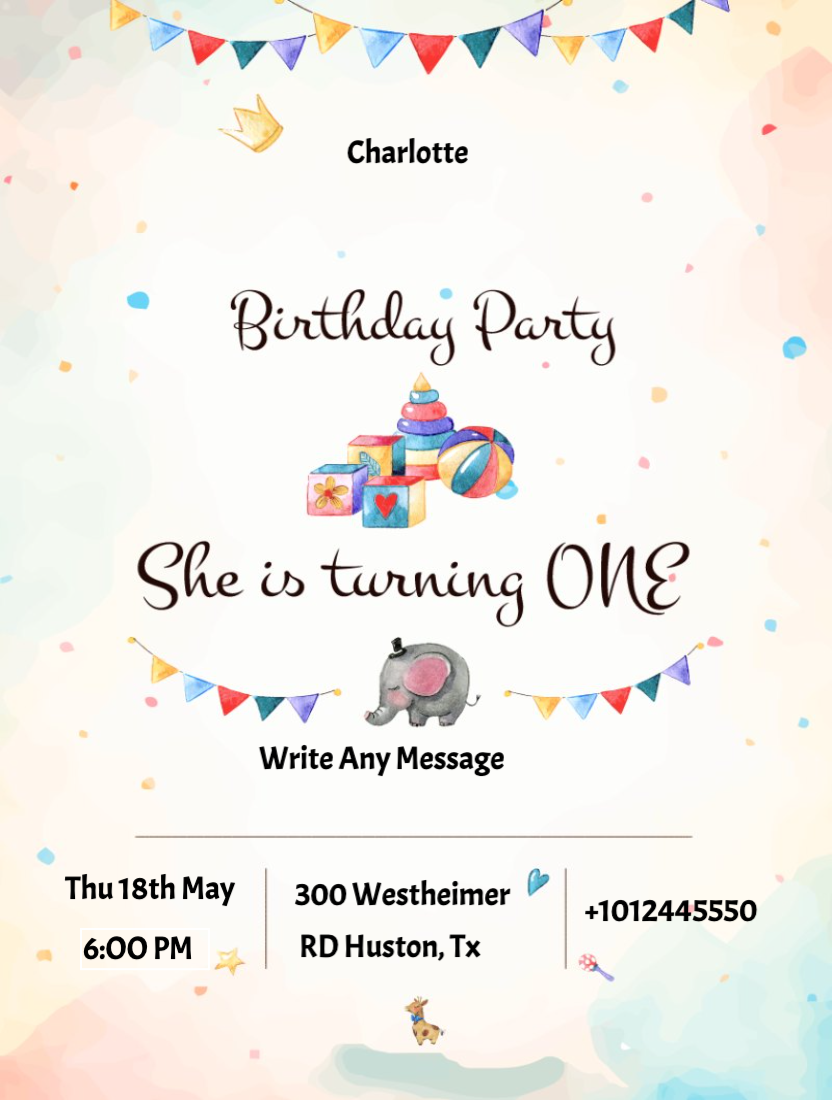 First Birthday Party Invitation Card For Girl