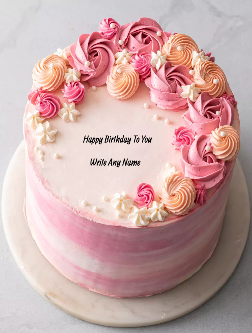 Pink Rose Happy Birthday Cake With Name Edit