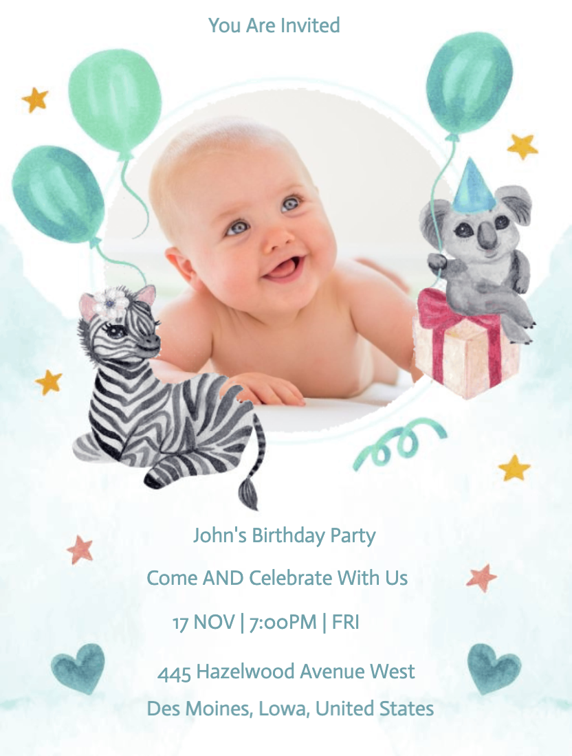 Watercolor First Birthday Invitation Template With Photo